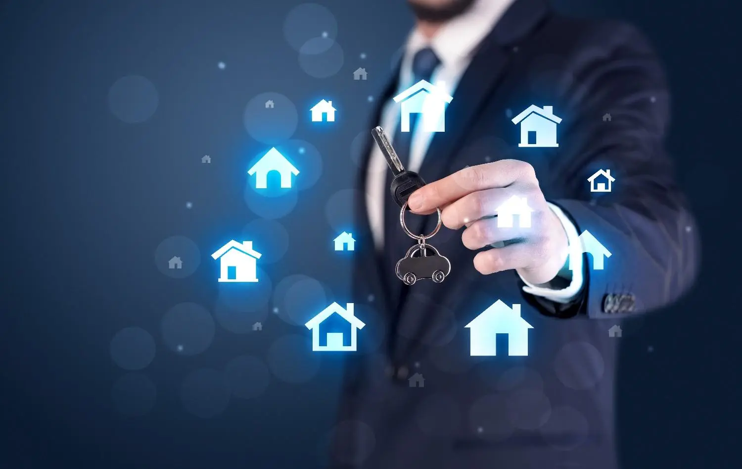 Estate agent holding property keys surrounded by digital home icons — AI automation for UK real estate agencies to manage leads and listings