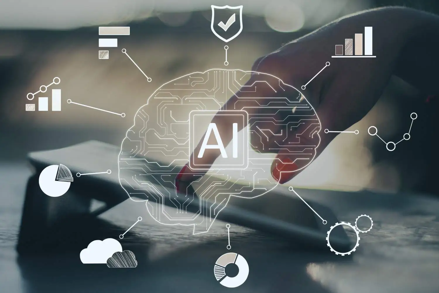 AI brain with connected data icons — London Axion, a UK AI automation agency, building intelligent systems that drive real business results