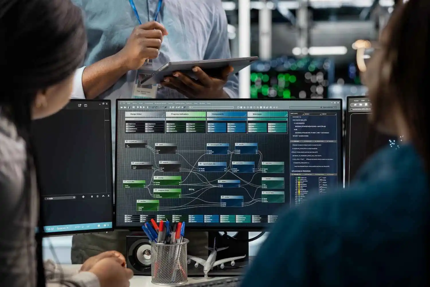 Tech team reviewing complex AI workflow on large monitor — AI automation saves time and reduces manual work across UK business operations